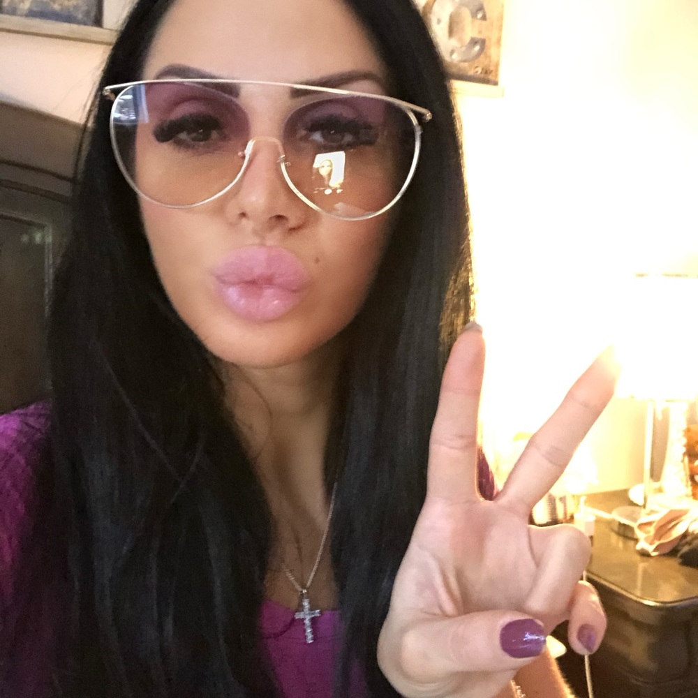 Oversized white frame purple lense sunglasses